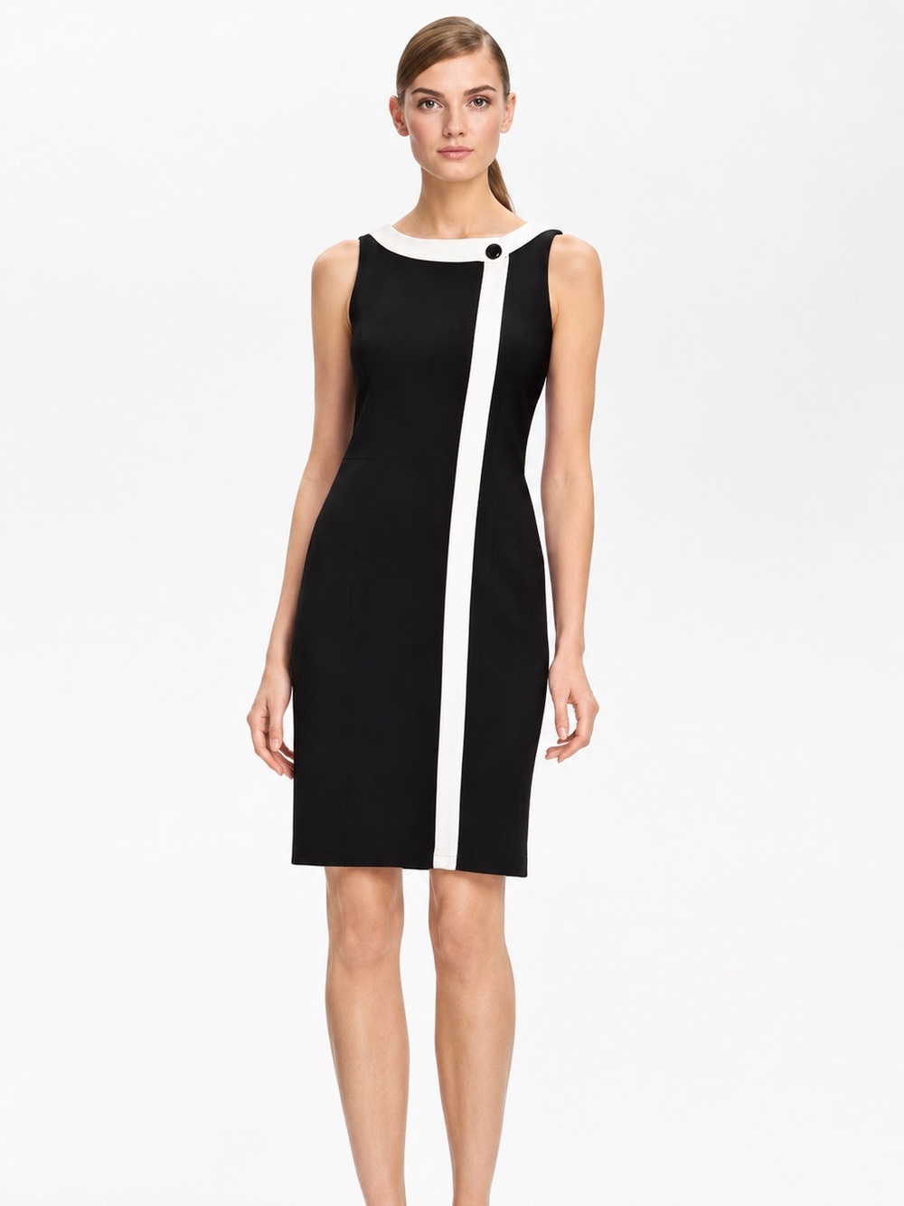 St. John Knits Wool Blend Sleeveless White Trim Dress Timeless In Black Size 12